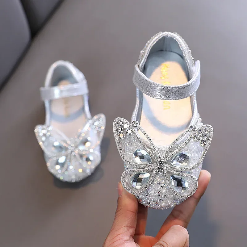 

New Fashion Girls Flats Shoes Sequins Rhinestone Princess with Butterfly-Knot Performance Dance Shoes Students Sandals