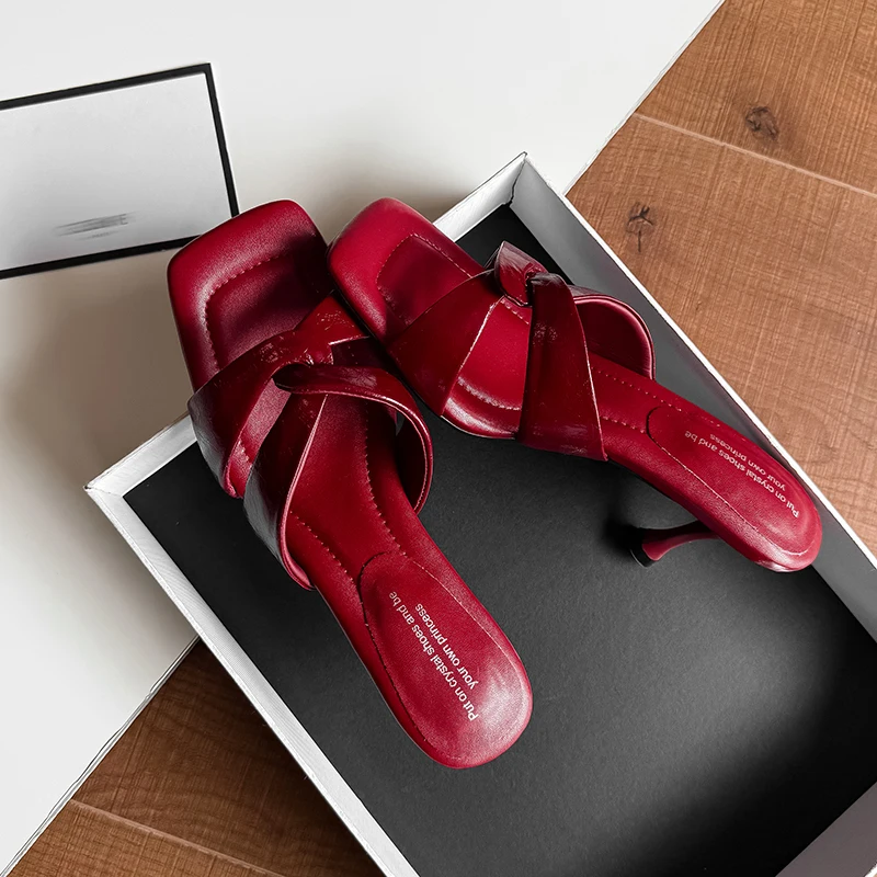 

Fashion Women Summer Sexy Slippers Open Toe Thin Heels Genuine Leather Concise Mules Elegant Pumps Office Party Dress Women Shoe