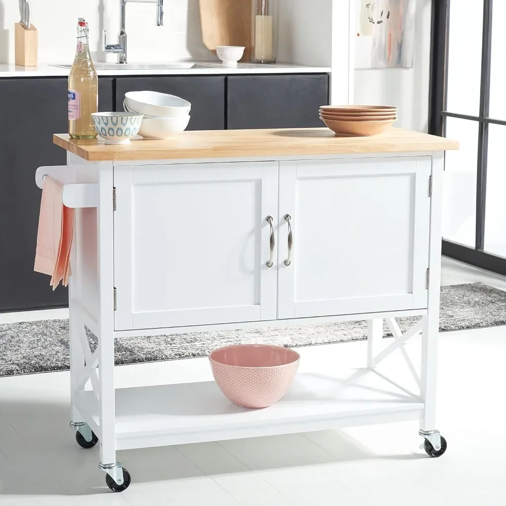 

White/Natural 2-Door 1-Shelf Trolley Kitchen Cart With Wheels Kitchen Storage and Organization Auxiliary Push Cart Dolly Islands