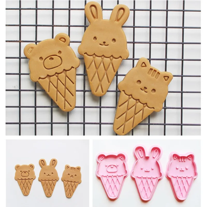 Molde para galletas con forma de helado de animales, cortadores de galletas de conejo, gato, oso, molde para galletas prensable, sello para galletas, herramientas de pastelería para hornear