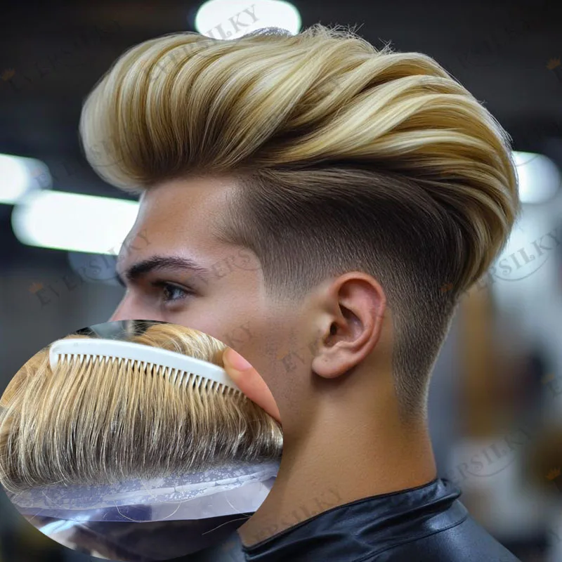 

Мужской парик Mirage Single Knot Full Vlooped Skin Base из 100% натуральных европейских волос, 0.06-0.08 мм, омбре, медово-русый, волнистый, система волос.