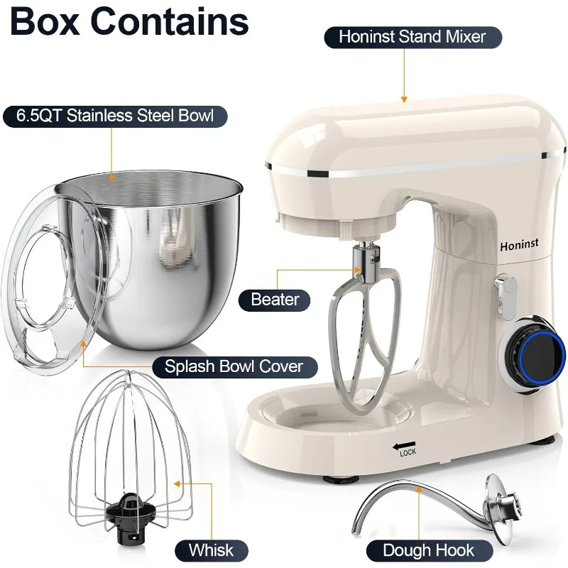 .5QT خلاط كهربائي برأس مائل 10 سرعات، خلاط مطبخ 3 في 1 مع وعاء، خطاف عجين، خفق وخافق، طعام م
