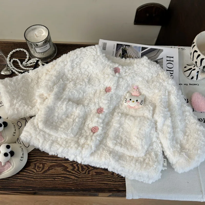 

Korean Lamb Wool Jacket for Girls Autumn Winter New Cartoon Single Breasted Fleece Coats Children's Cute Plush Warm Outerwears