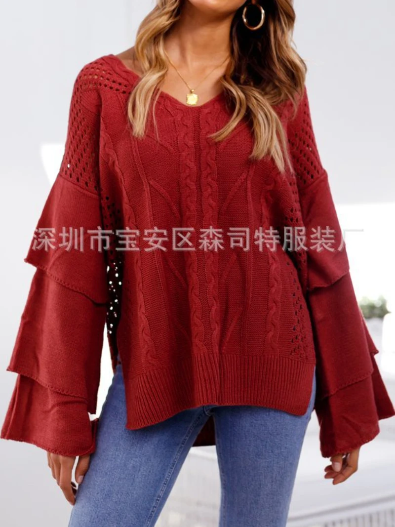 New Sweater Knitted Flared Sleevepullover Knitted Sweater Blouse of Hemp Pattern In Solid Color