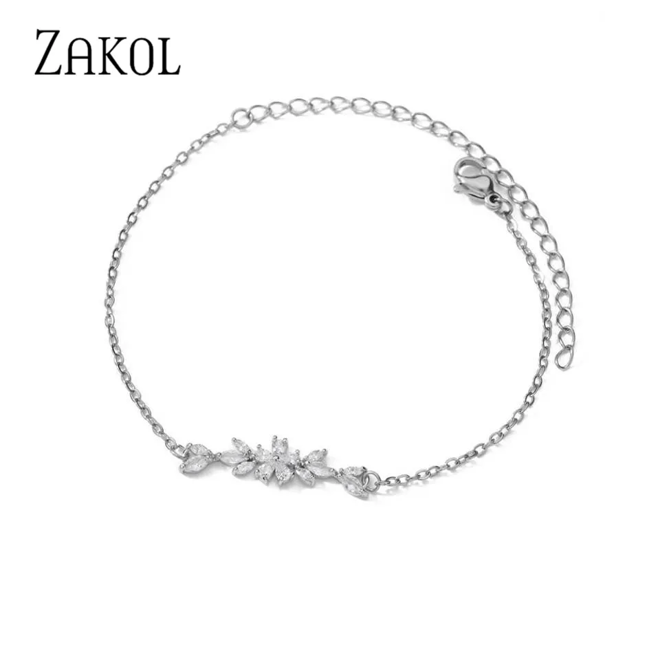 ZAKOL Romantic Zircon Flower Leaf Charm Bracelets For Women Korean Temperament Silver Color Bracelet Fashion Wear Gilrs Jewelry