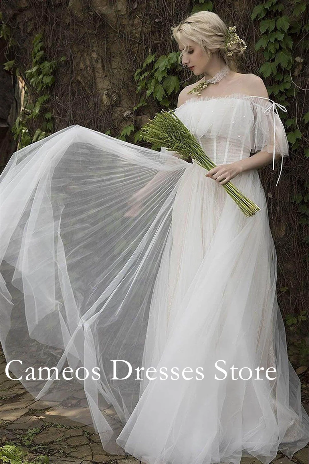 SONDR Customized Off Shoulder Backless Wedding Dresses Simple A-Line Tulle Elegant Ruched Brides Gowns Women Bridal Dresses