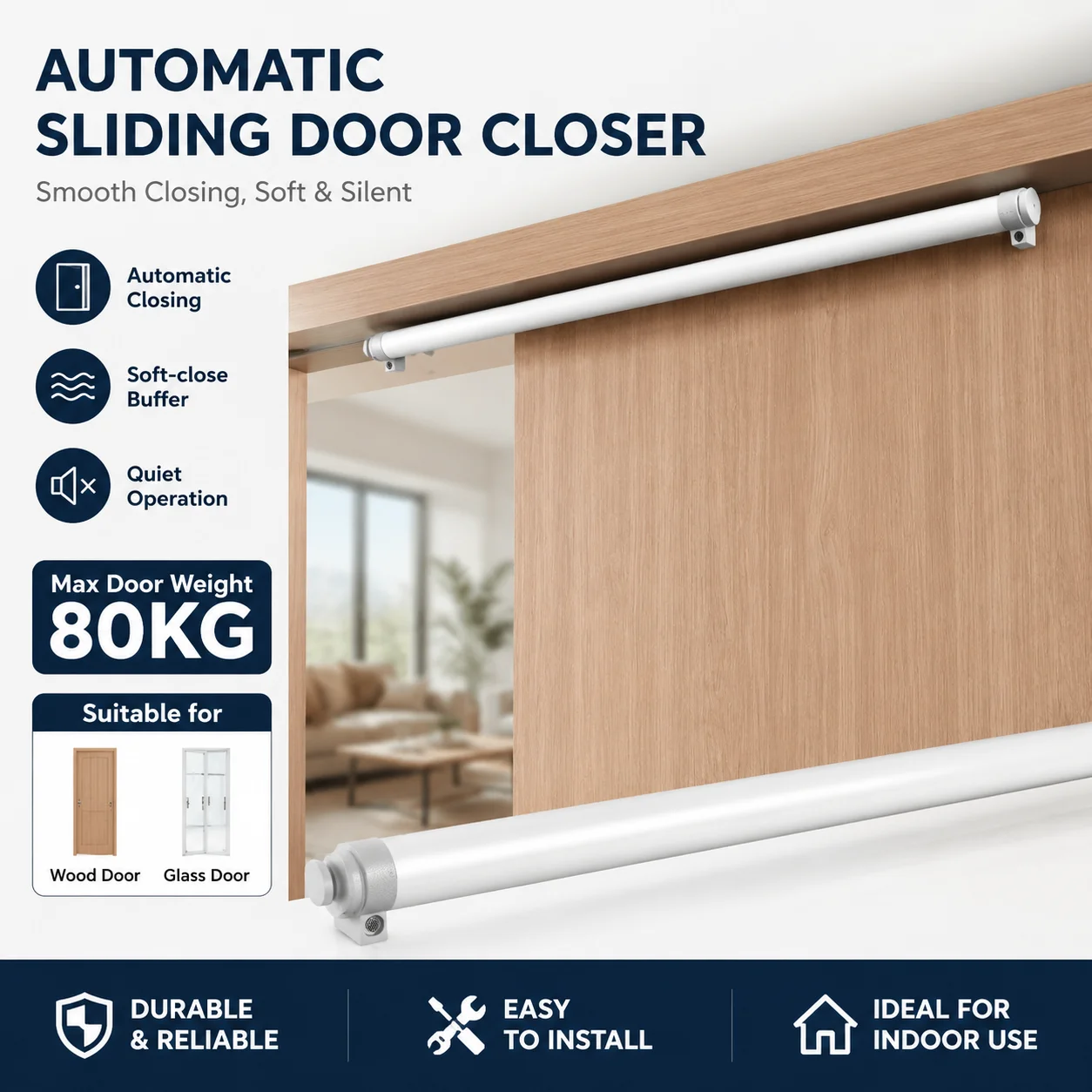 The Sliding Door Closer Is Suitable for Indoor Wooden Sliding Doors and Glass Sliding Doors, with a Maximum Weight of 80kg