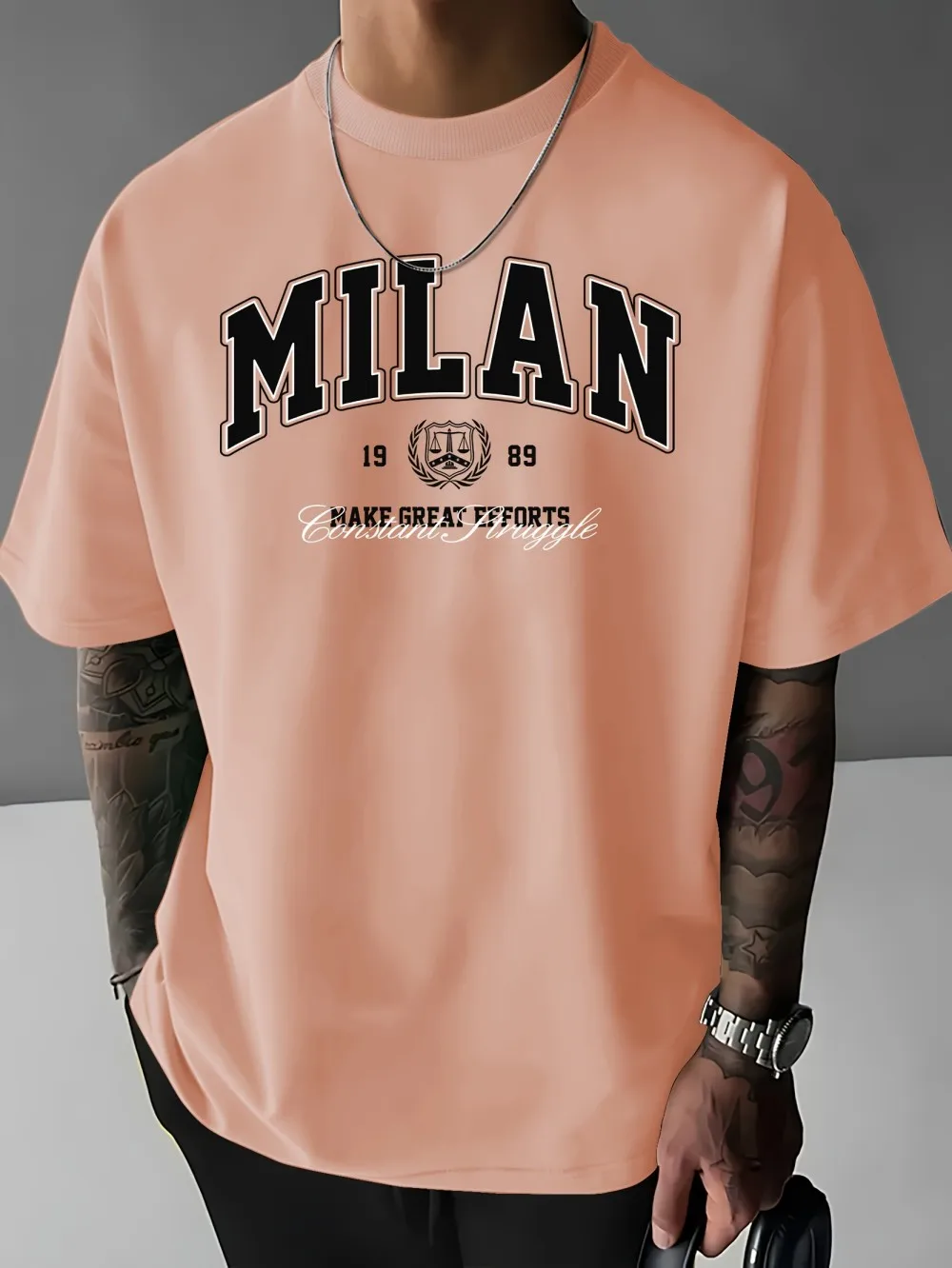 Fashionable American men's 1989 summer vintage Milan letter print micro elastic breathable round neck T-shirt outdoor casual top