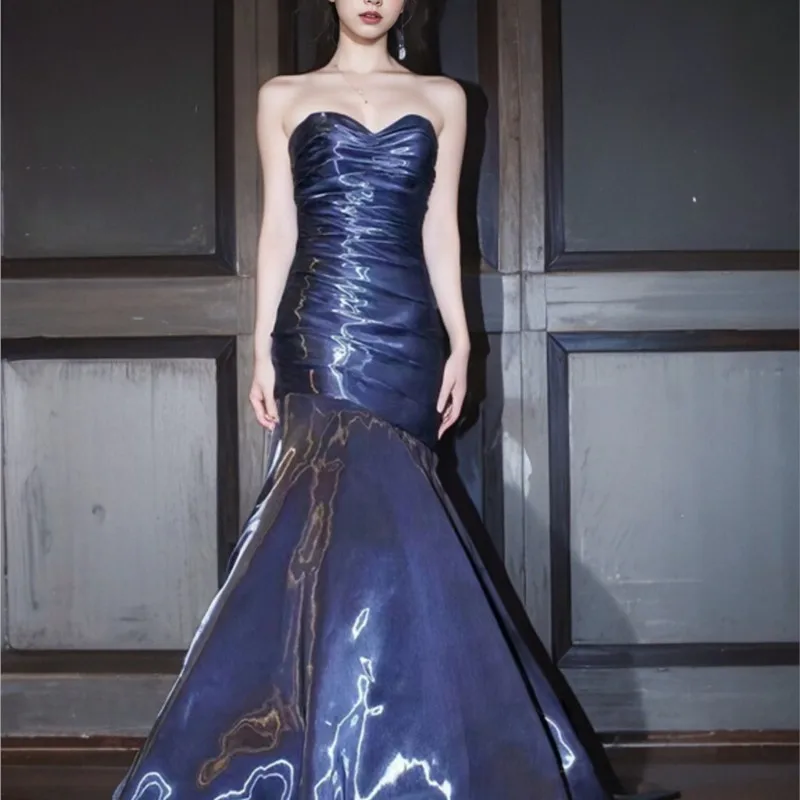 Breast fish tail blue light luxury niche new adult graduation host dress