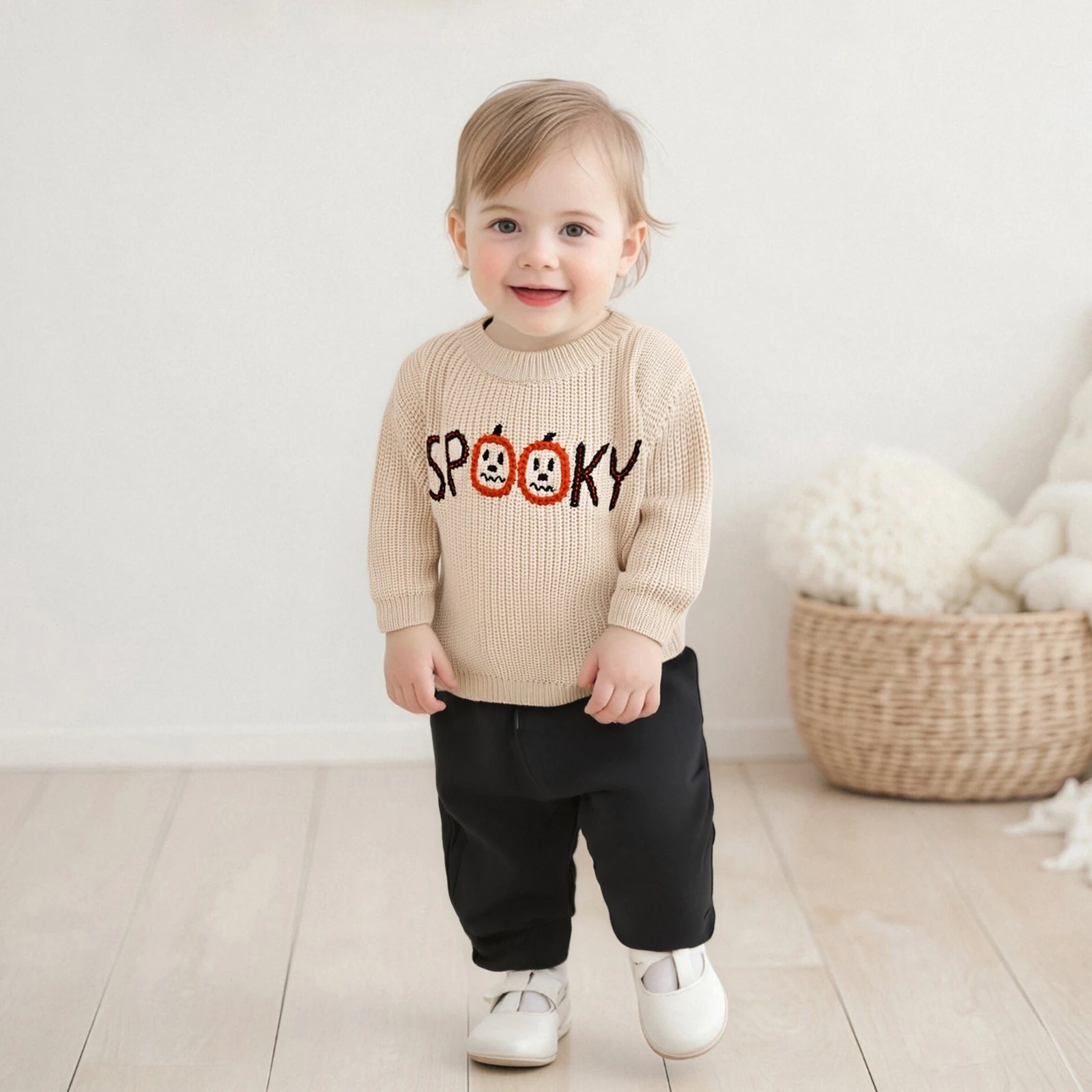 

Свитер для маленьких девочек и мальчиков, одежда на Хэллоуин, детские пуловеры с вышивкой букв и круглым вырезом, длинными рукавами, осенние топы