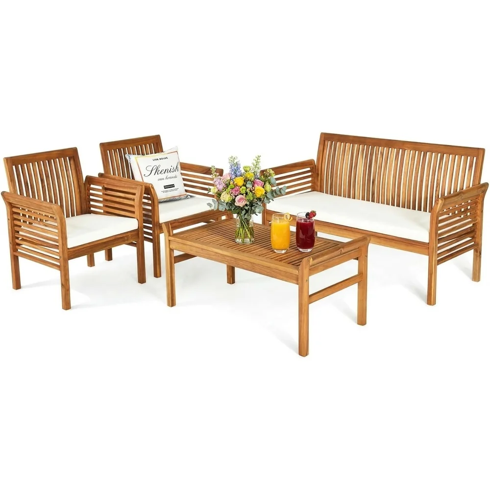 4 Piece Outdoor Acacia Wood Sofa Set with Water Resistant Cushions Padded Patio Conversation Table Chair Set w/Coffee Table for