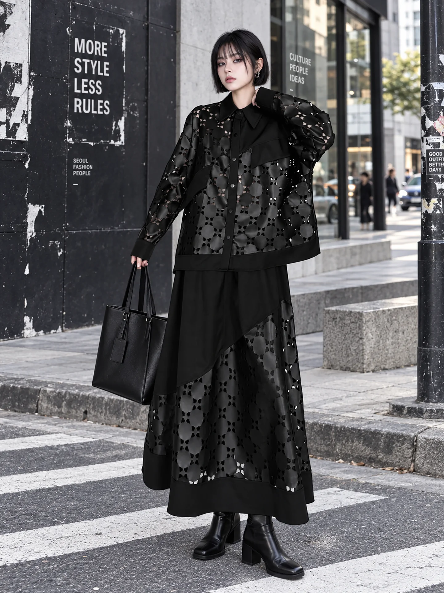 Dark Style Fashionable PU Splicing Hollow out Loose Personality Shirt Elastic Waist  Skirt Set Women's Autumn Winter Clothes