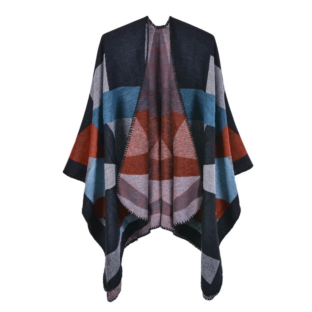 

Checker Knitted Shawl Women Warm Autumn Winter Reversible Cloak Geometric Pattern Poncho Lady Capes Blue Cloaks