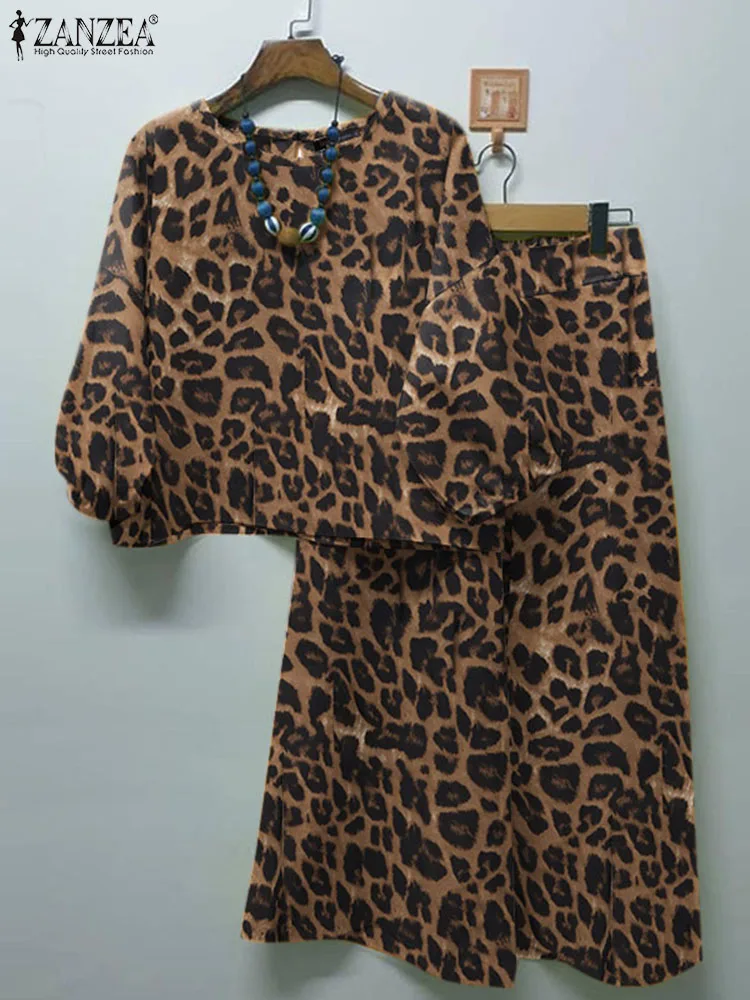 ZANZEA wiosna wzór w cętki pasujące zestawy 3/4 rękaw bluzka z okrągłym dekoltem spodnie typu casual 2 szt. Kobieta moda kostium imprezowy ponadgabarytowy