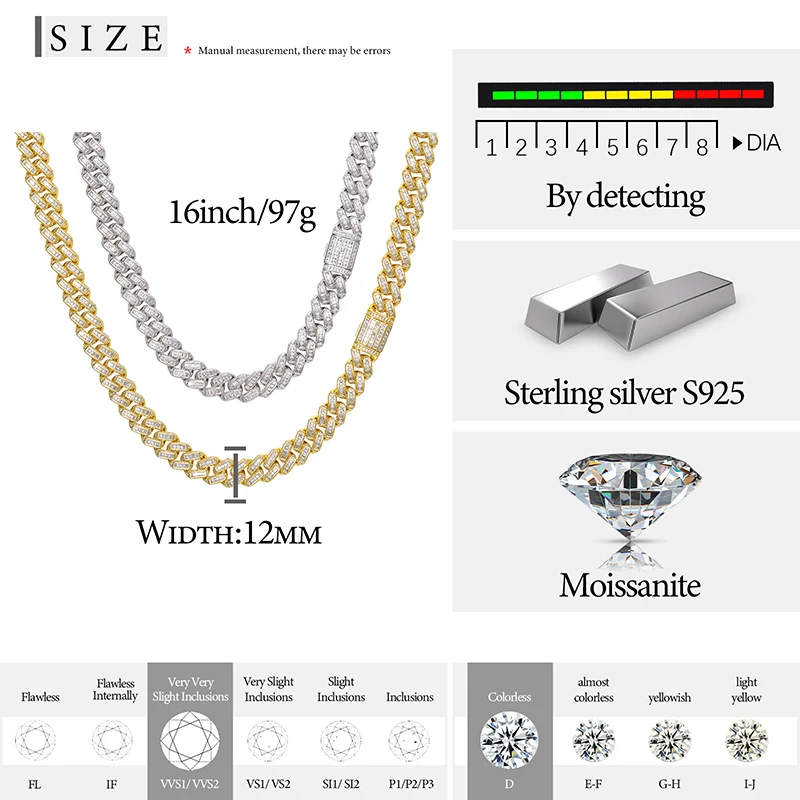 Hot Sale Rapper's Hip Hop Jewelry 12mm 925 Sterling Silver VVS Baguette Moissanite Diamond Iced Out Cuban Link Chain Necklace