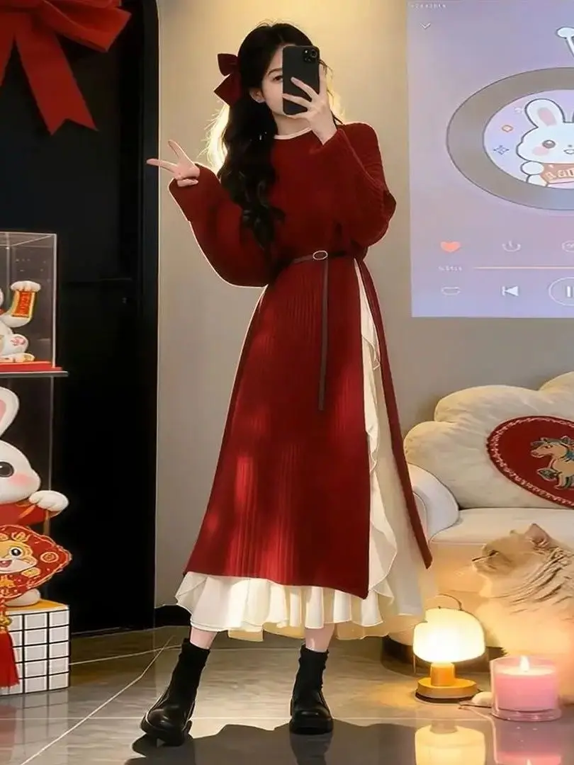 

Korean Sle New Year's Knitted Dr with Slit And Lace Trim Two-Piece Set High Waist Loose Fit Long Sve round Ne Warmth