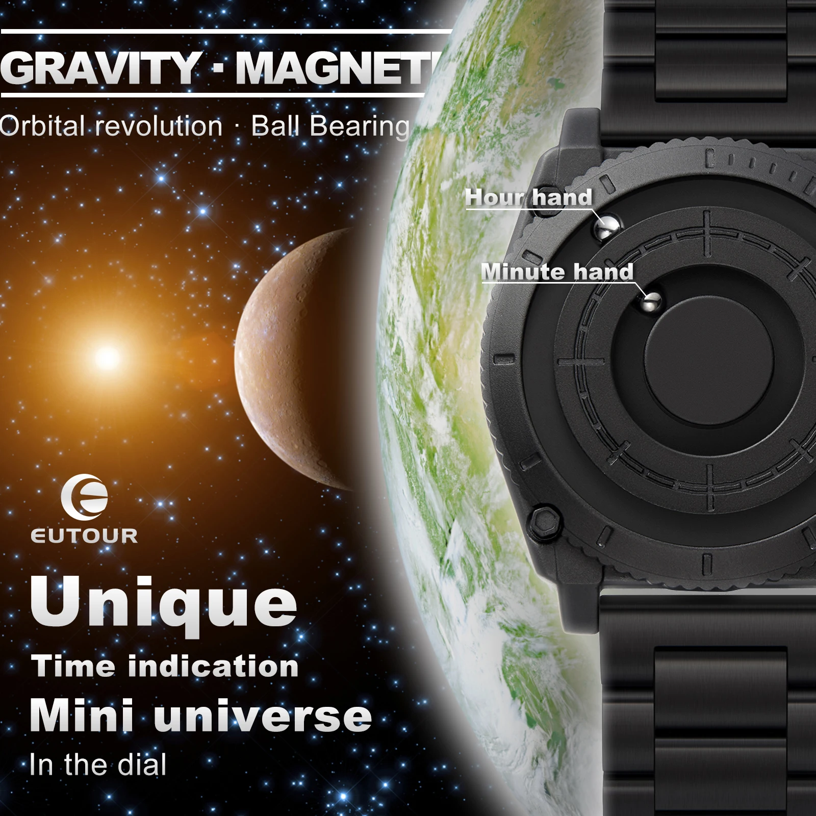 EUTOUR Magnetic Ball Personalized Creation Sports Cool Concept Bezel-less Fashion Design Men\'s Watch - Metal Strap