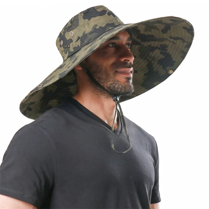 100% Cotton Camouflage Bucket Hat 16CM Large Wide Brim Sun Hat Camping Hiking Mesh Breathable Anti UV Fishing Hats for Men Women