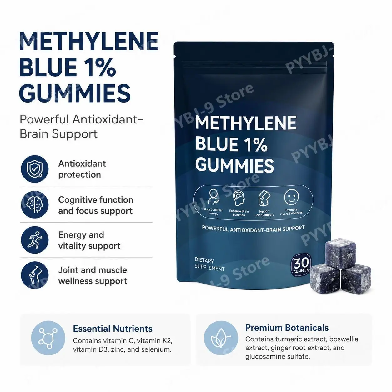 Methylene Blue Gummies with Vitamin C, Turmeric, Boswellia, Ginger, Glucosamine, Cognitive & Antioxidant Support, 30 Gummies