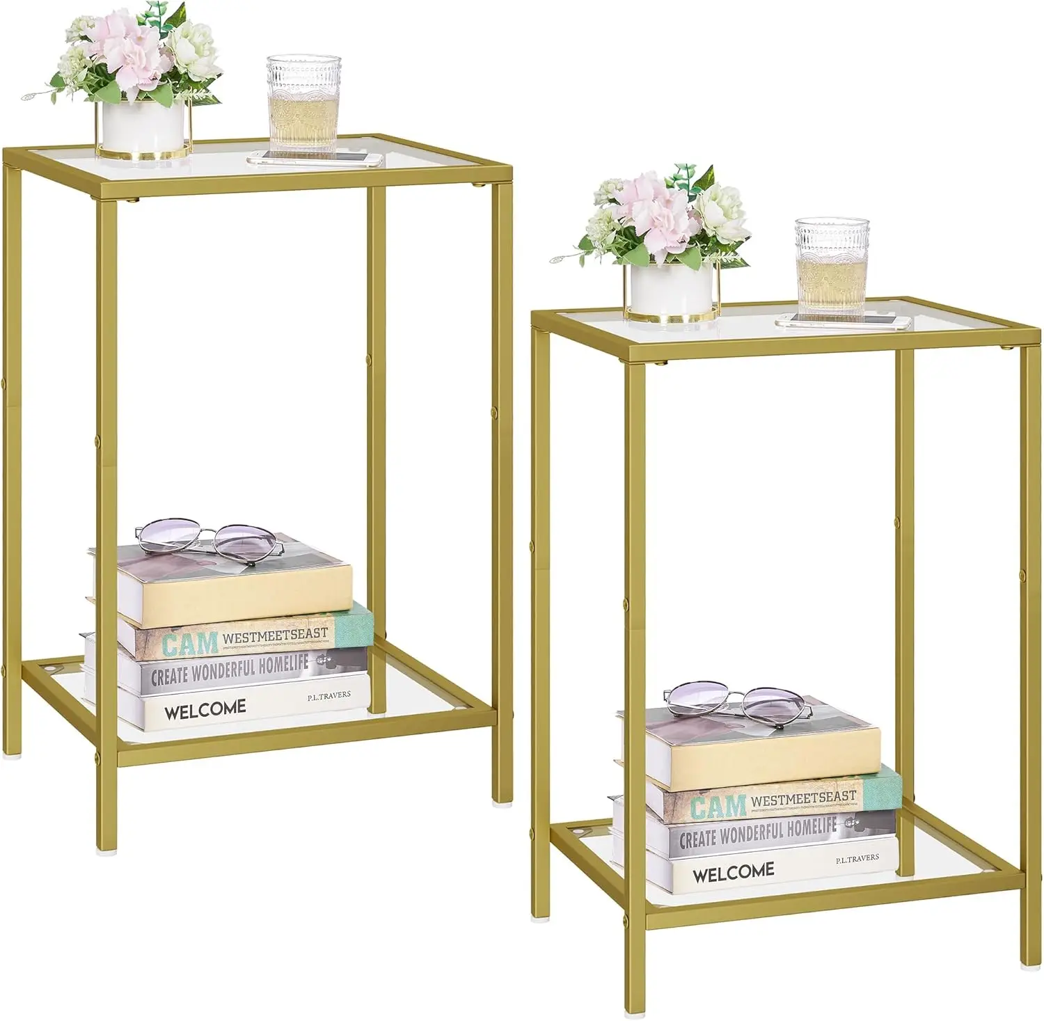 Side Tables Set of 2, End Tables with Tempered Glass, 2-Tier Nightstands with Storage Shelves, Coffee Table with Modern Style