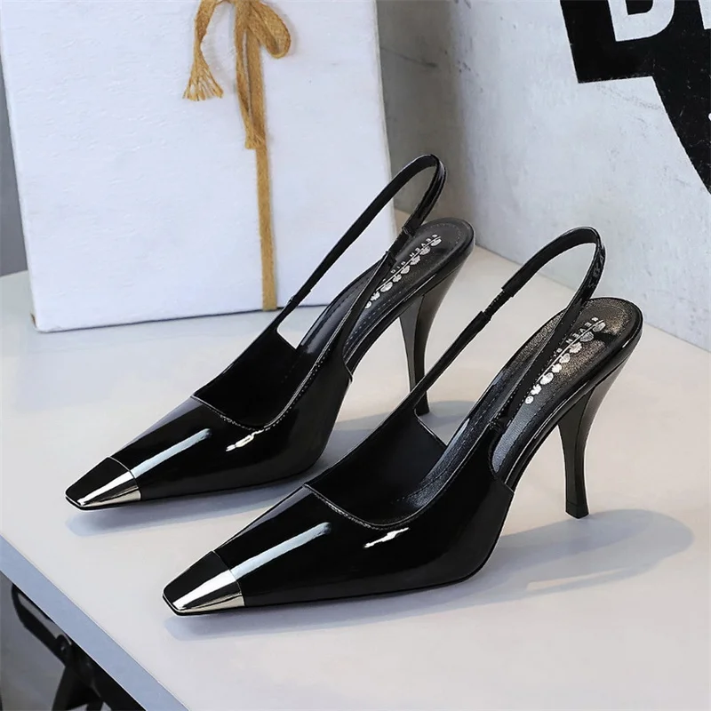 

Metallic High Heels 9CM Evening Party Shoes Thin Stiletto Painted Leather Backless Strap Women's Footwear Elegant Adult Footwear