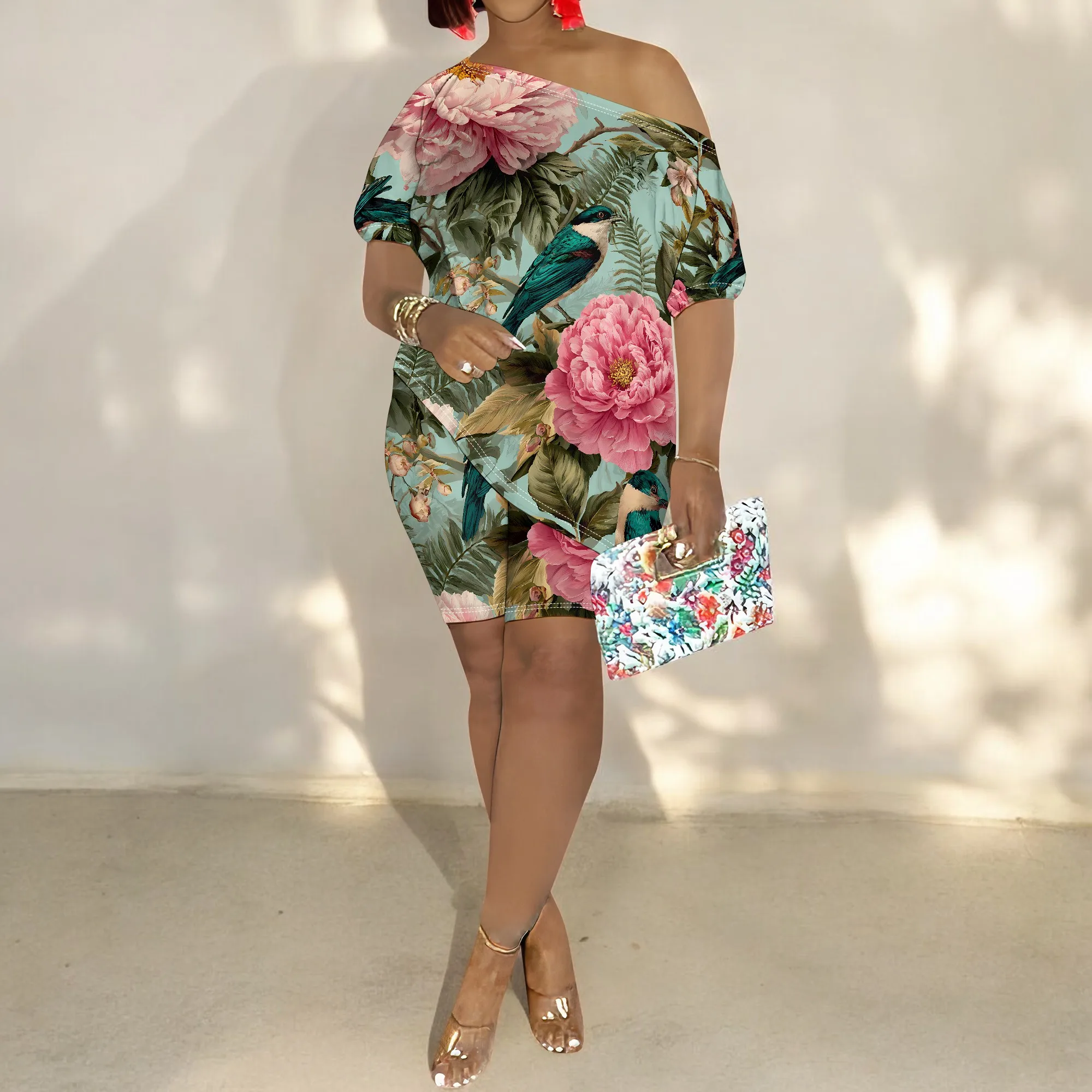 Floral Off Shoulder Dress, Peony Print Short Sleeve, Tropical Bird Pattern, Summer Vacation Wear, Beach Party Outfit, S-2XL