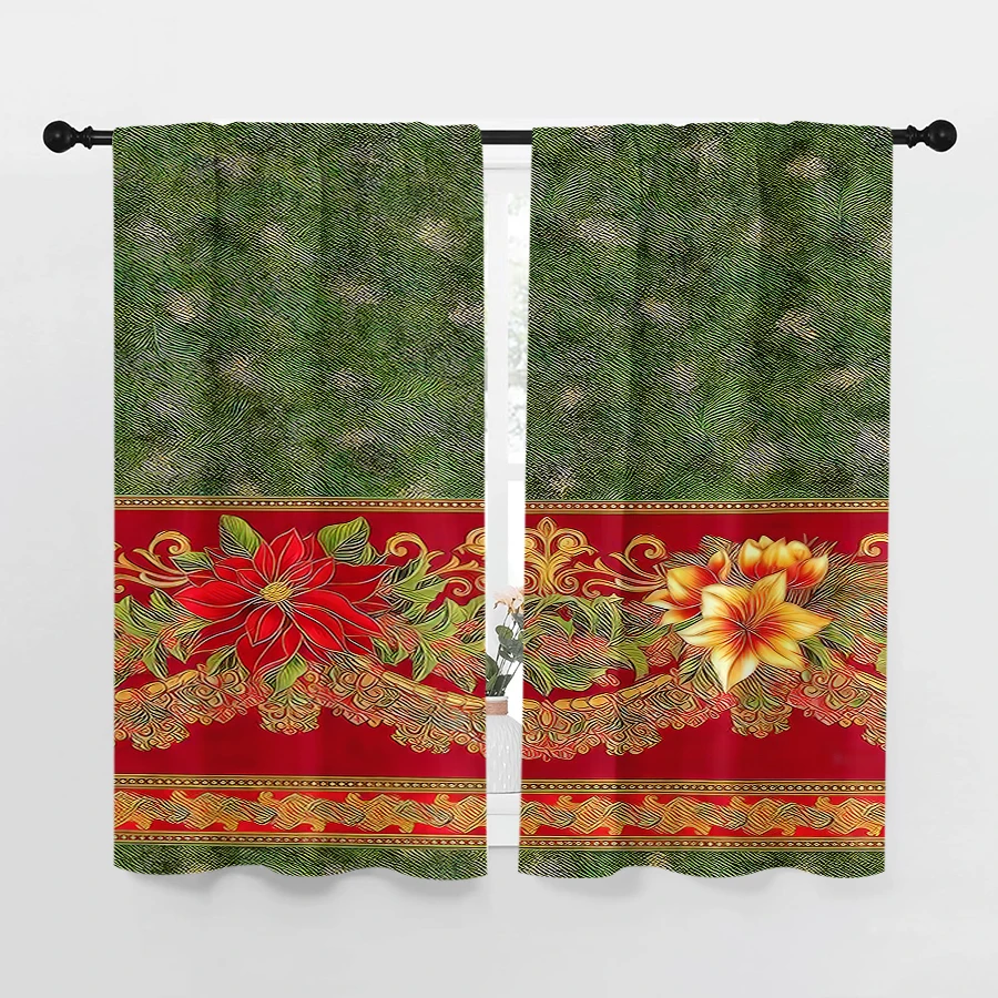 2PCS Christmas Digital Print Curtains, Green Top Red Gold Poinsettia Flower Border, Classic for Living Room Bedroom Window Decor