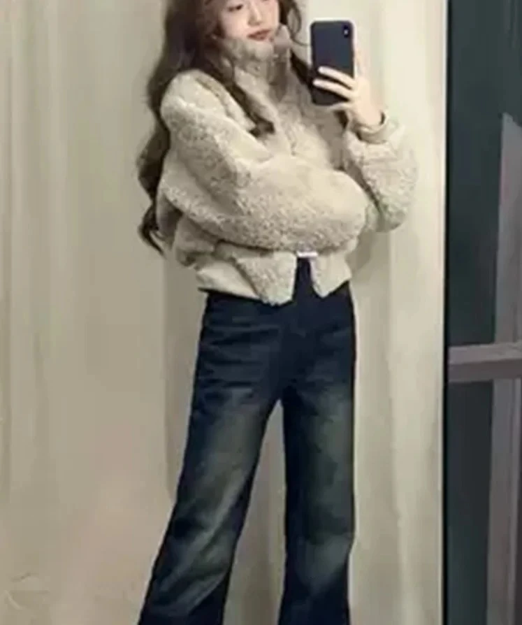 

Американский ретро воротник-стойка из меха ягненка, женская весенняя новая тонкая теплая свободная одежда из хлопка, модная одежда