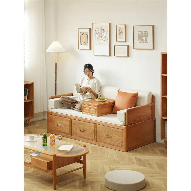 New Chinese style, solid wood push-pull folding sofa bed, old Yu small apartment retractable Japanese-style bedroom living room