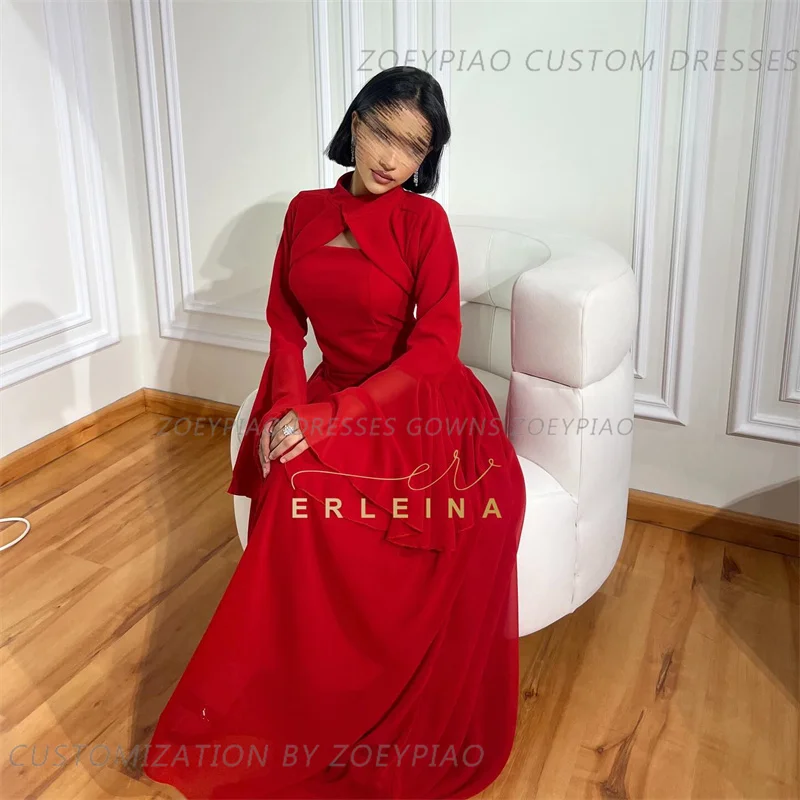 Red A-line Chiffon Formal Occasion Evening Dresses Sweet High Neck vestidos de fiesta Arabic Full Sleeves Dubai Porm Dresses