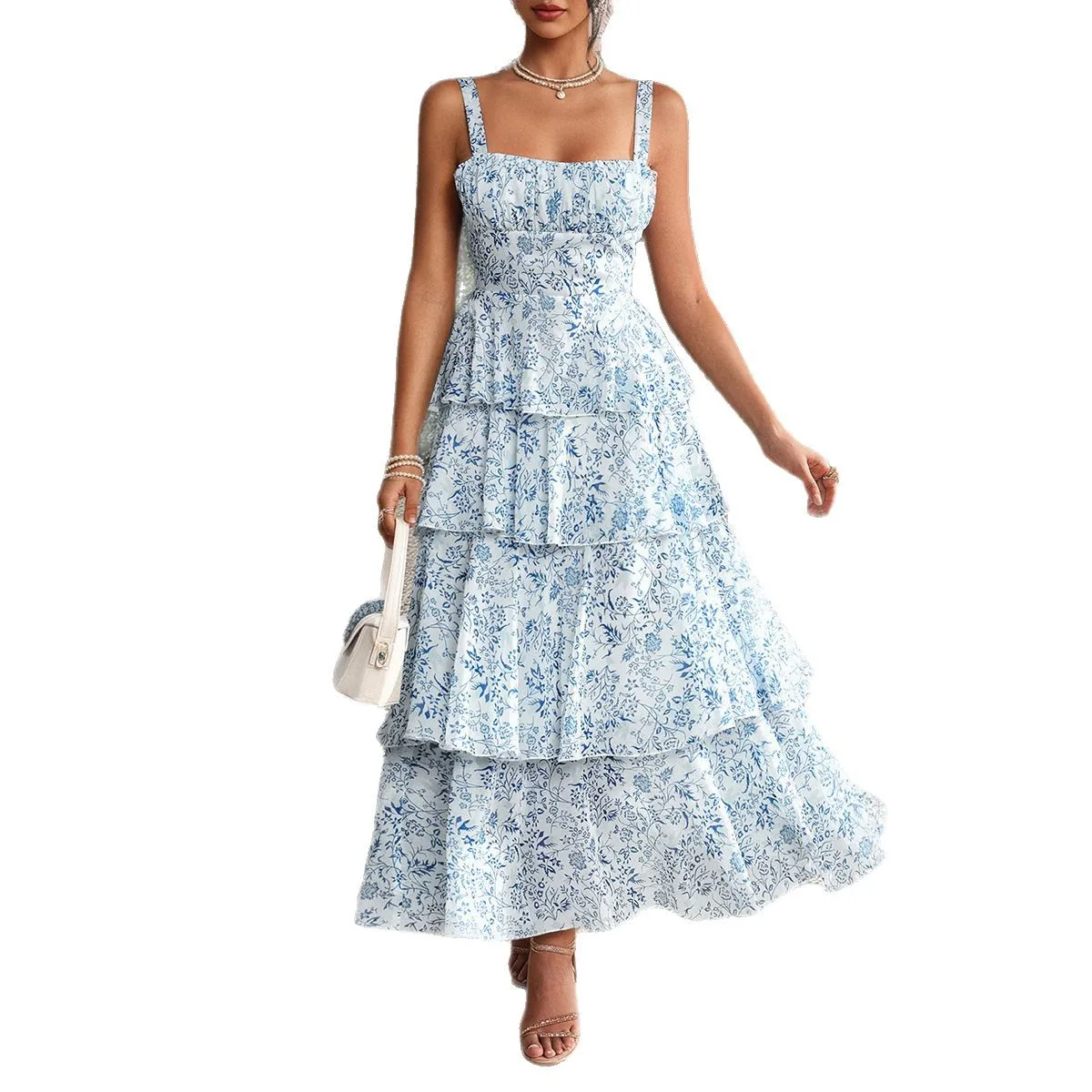 Primavera verão temperamento europeu e americano mori pequena fragrância floral contrastante chiffon suspender vestido roupas femininas