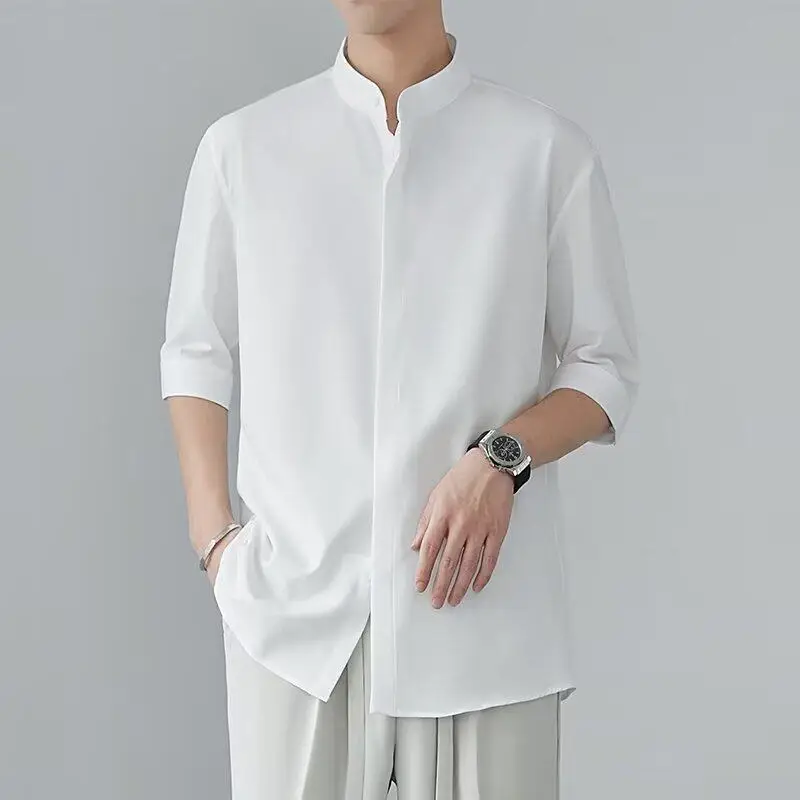 Ice Silk Short Sleeve Shirt Men's New Chinese Style Stand Collar Shirt No Ironing Seamless Drape Casual Slimming mid Sleeve V...