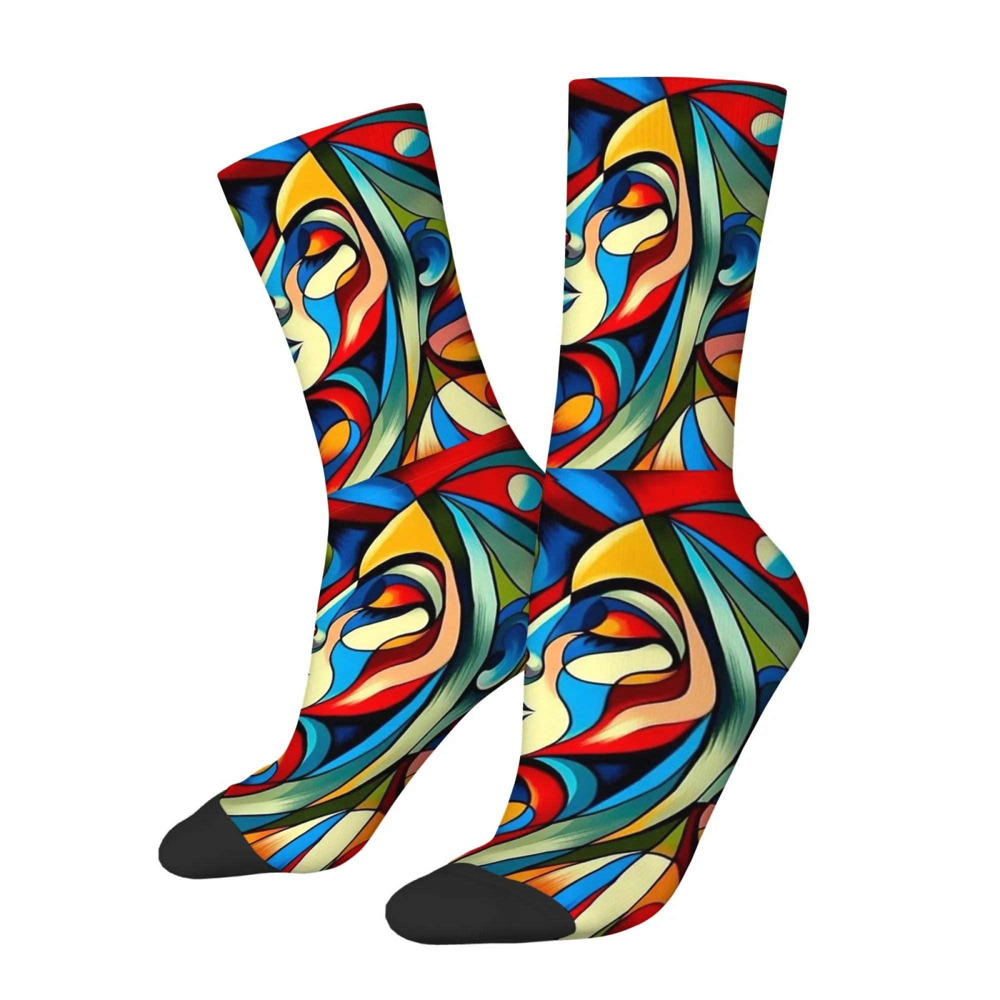 Abstract Cubist-style Face Print Mid-calf Socks Full of Picasso-esque Modern Art for Art Lovers Comfortable Breathable Soft Sock