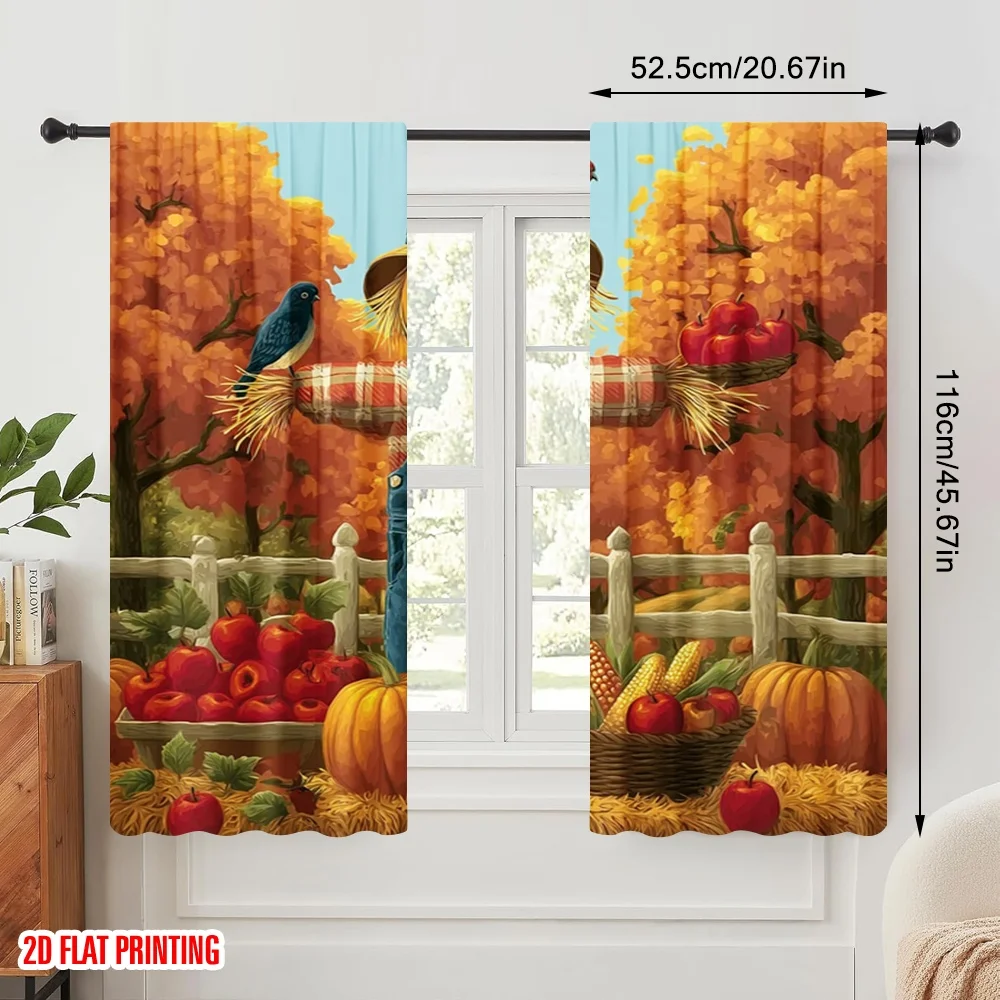 2pcs,2D plane printing Print Curtains Scarecrow and Autumn Harvest Durable 100% Polyester Fabric (without rod) Decorations For
