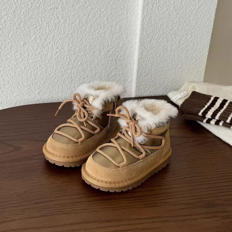 Children's wool warm and thick snow boots autumn  winter Korean version girls' tied windproof cotton boots boys' short boots