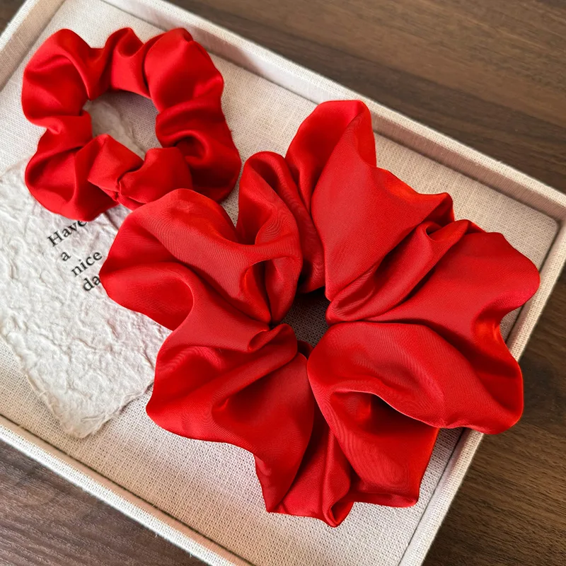 Retro Satin Red Color Hair Scrunchies Headband Women Temperament Hair Rope Tie Ponytail Rubber Band Lady Fashion Hair Accessorie