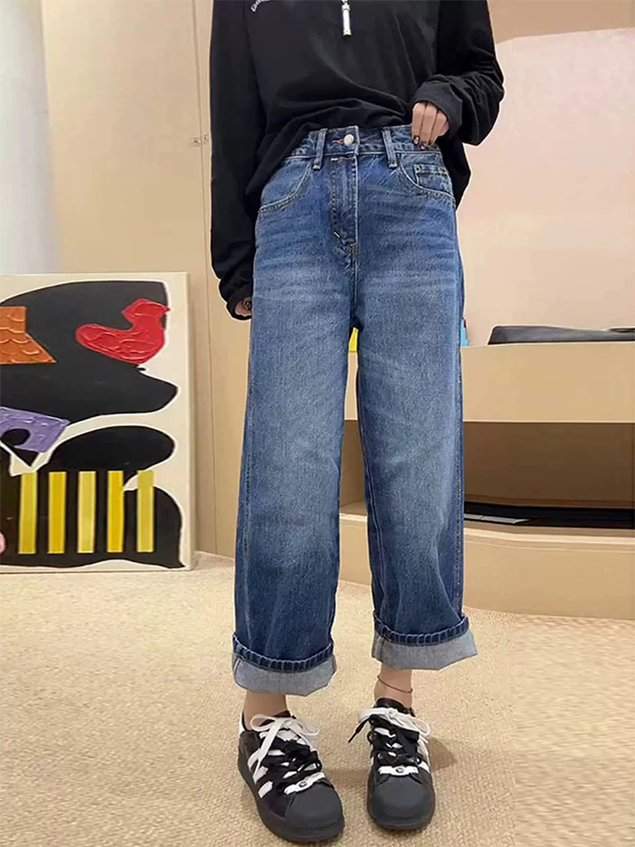 

plus Size High Waist Blue Denim Jeans Women's Spring Autumn Loose Straight Leg Trousers Casual Waed Straight Tube Pants