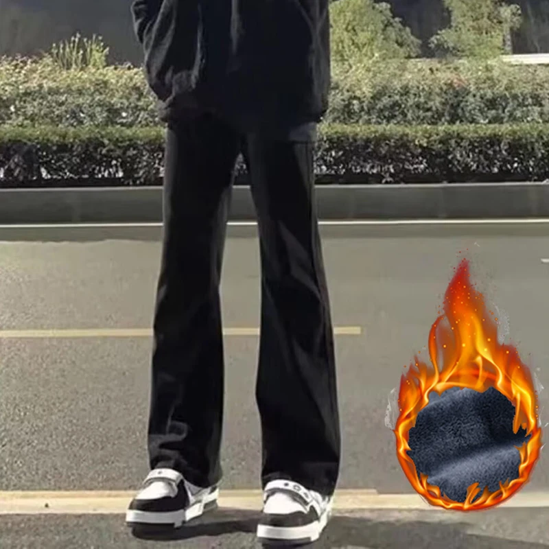 

Мужские новые осенне-зимние теплые джинсы, мужские утолщенные повседневные джинсовые брюки на флисовой подкладке, свободные прямые эластичные брюки