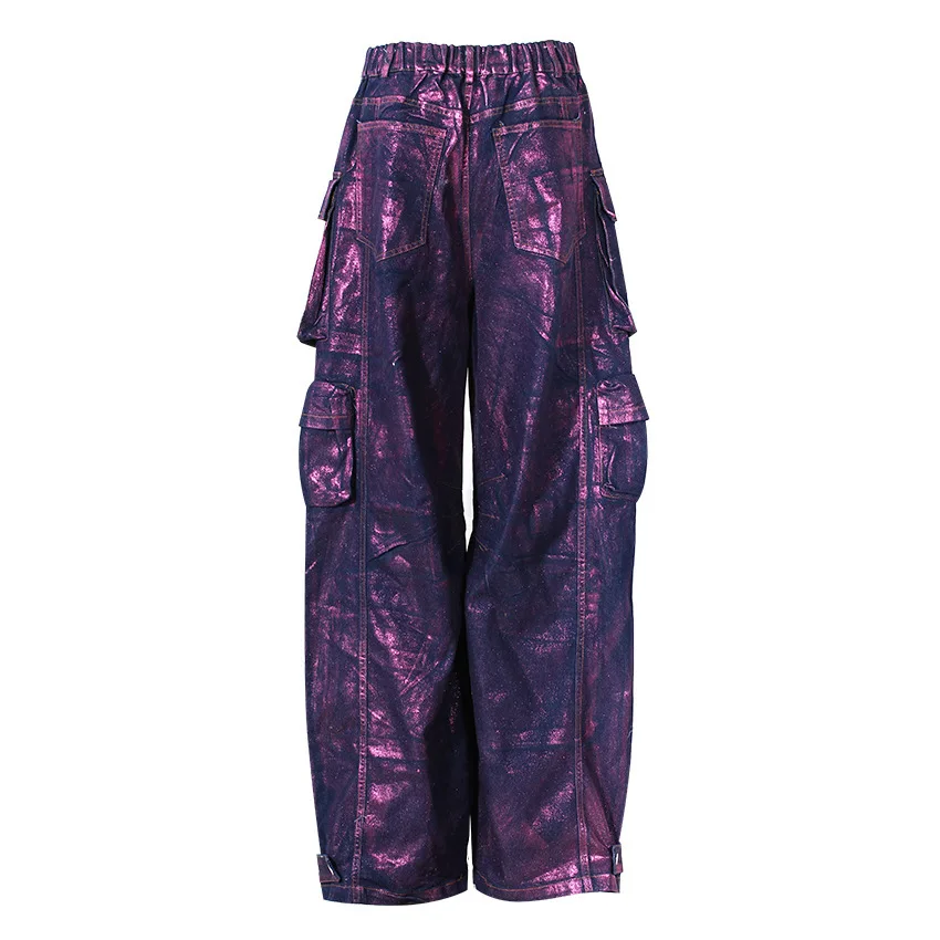 Purple Hot Stamping Niche Multi Bag Workwear 2024 Street Explosion Straight Tube Loose Sweeping Wide Leg Casual Pants Jeans