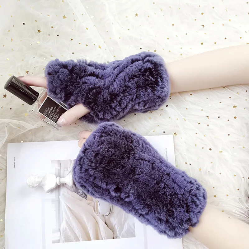 

Half Finger Fur Gloves Winter Female Rex Rabbit Fur Exposed Fingers Warm Thick Fingerless Plush Gloves Fashion Real Fur Gloves