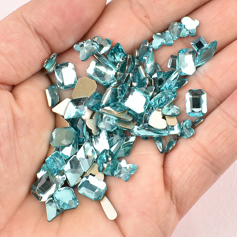 New Flat Back Mixed Shape Lake Blue Nail Art Rhinestone Heart Diamond Octagonal Multi Style Fingernai DIY Decoration Accessories