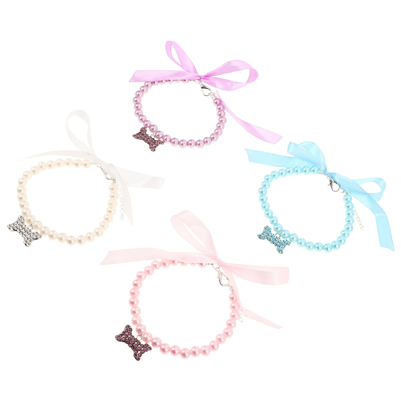 

4pcs Pet Necklace Collar: Adjustable Cat Dog Bone Pendant Imitation Pearl Necklace For Small Pets Durable Lightweight Acrylic