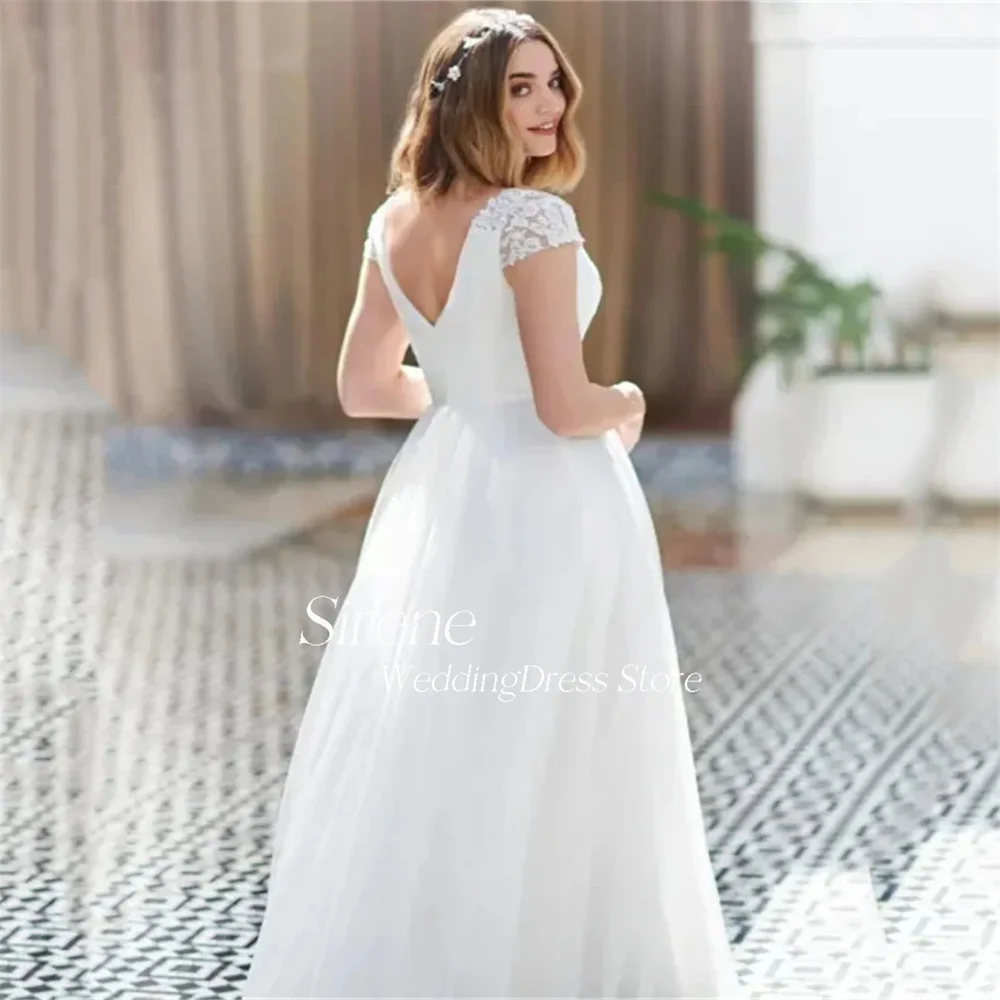 Sirene-Robe de mariée en tulle avec mancherons en dentelle, col en V, A-ligne, longueur au sol, dos nu, simple, élégante, adaptée aux patients, 2024