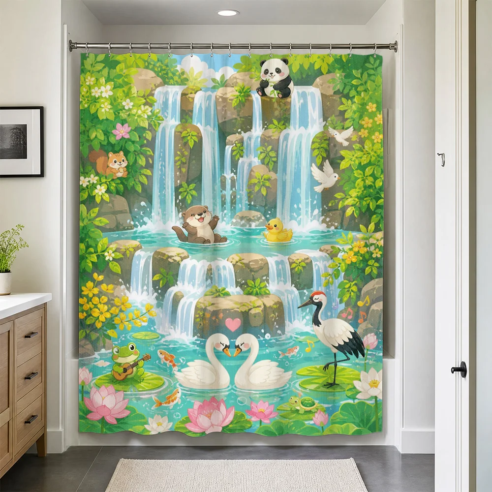 Fun Panda Waterfall Shower Curtain Tropical Nature Bathroom Decor Kids Cute Animal Print Waterproof Shower Curtain Liner