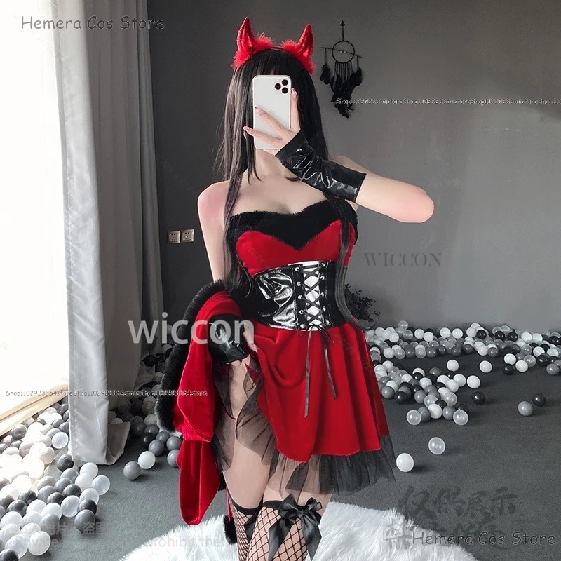 

2024 Christmas Costume Cosplay Little Devil Uniform Nightclub Stage Velvet Dress Headwear Sexy Lolita Halloween Party Witches