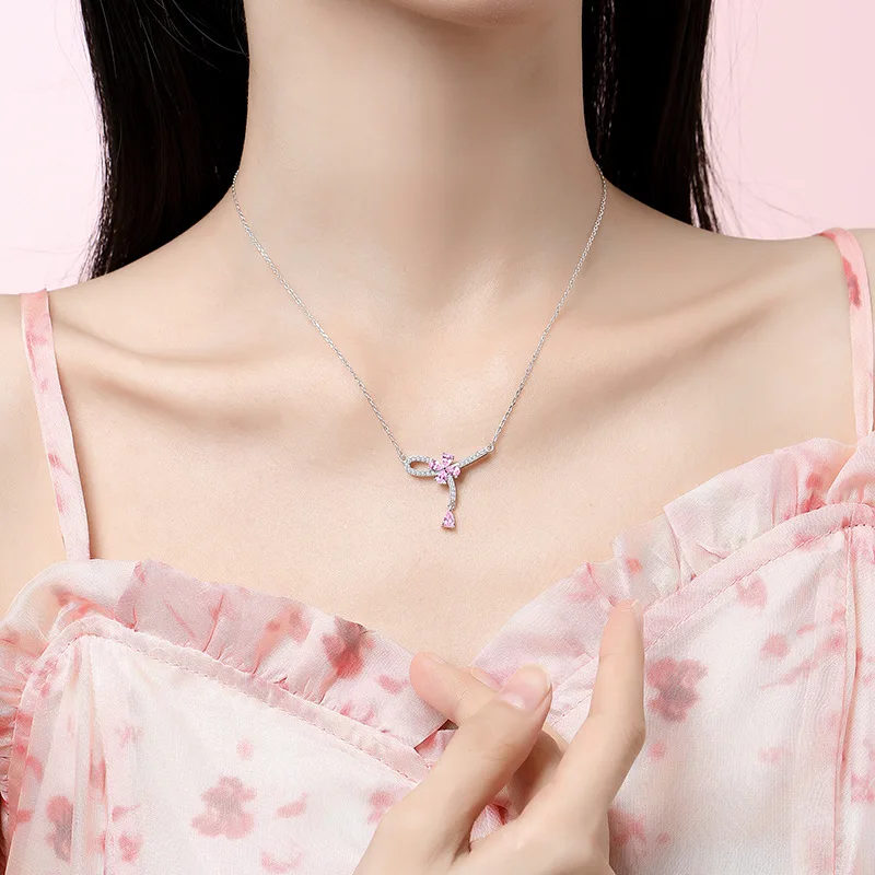 

S925 Silver Tassel Girl Bowknot Necklace Women's Ribbon Knot Clavicle Chain Light Luxury Personality Pendant