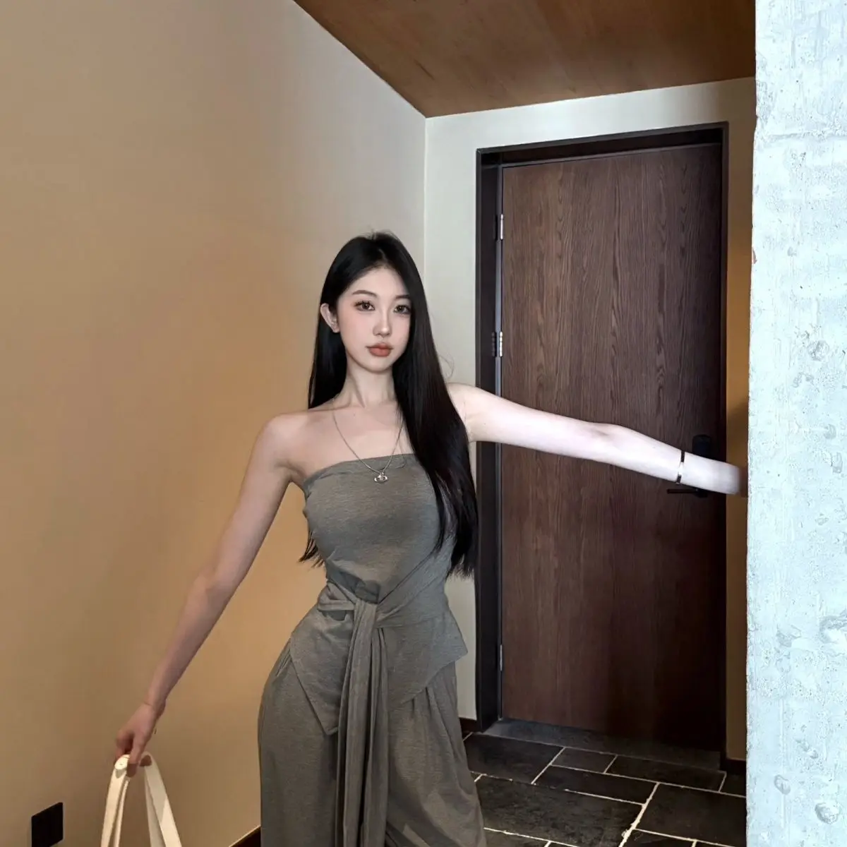 

Hot Girl Suit Women's Summer Irregular Lace-up Slim Strapless Vest Casual Wide-leg Pants Two-piece Set Fashion Female Clothes