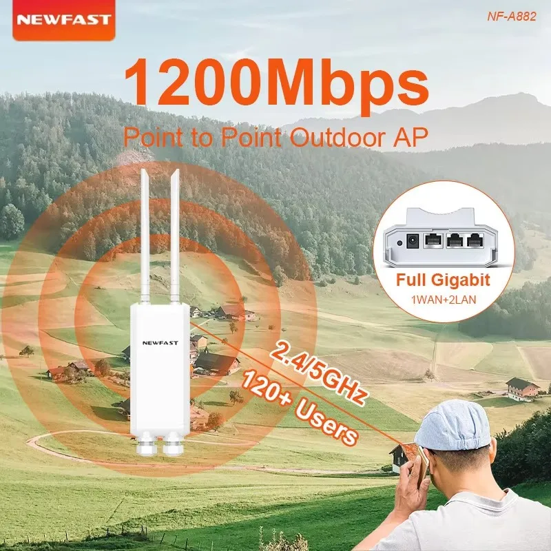 

NEWFAST 2.4G/5.8G Outdoor Wireless AP 1200Mbps Access Point 48V POE Wifi Router Long Range WI-FI Extender Gigabit