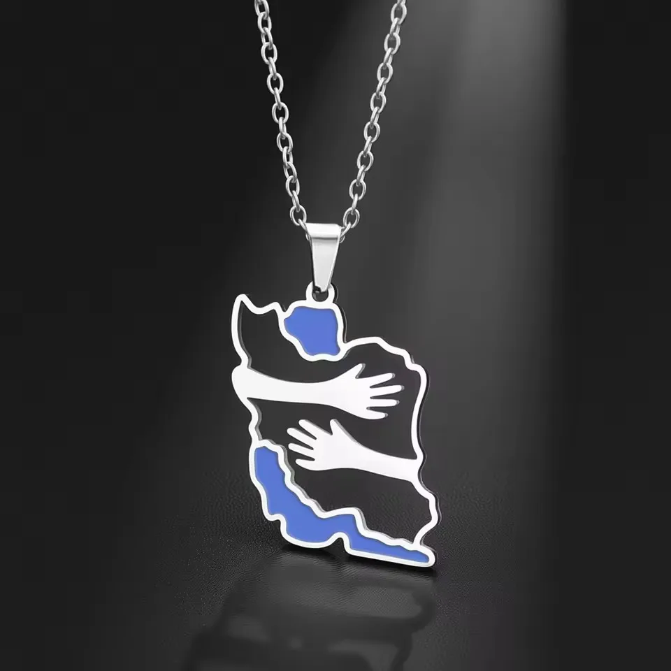 New style fashionable Iranian map pendant necklace featuring stainless steel zirconium map, a gender-neutral ethnic style collar