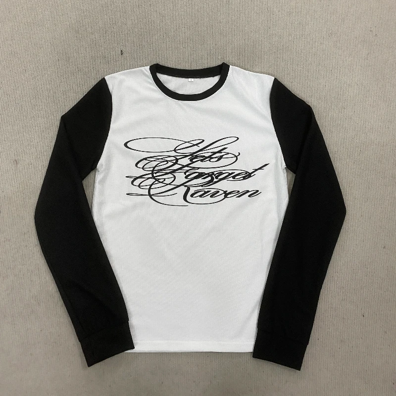 

Retro color blocking personalized English printed top, multifunctional long sleeved T-shirt for men and women in autumn